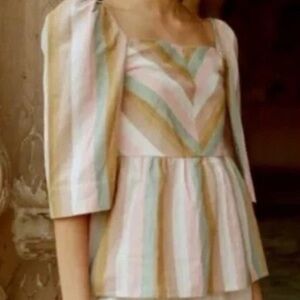 Mirth Anthropologie Mallorca Rainbow Stripe Square Neck Pleated Blouse SZ Medium